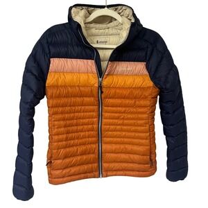 Cotopaxi Fuego Hooded Down Jacket Navy Orange Colorblock Puffer Womens XS